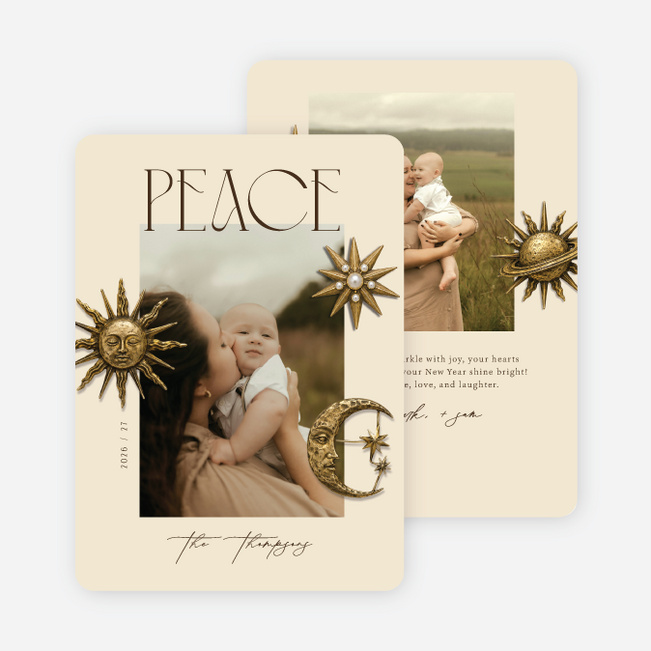 Celestial Brooch Holiday Cards and Invitations - Beige