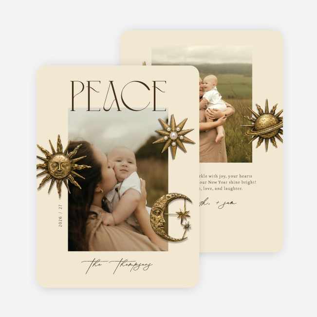 Celestial Brooch Holiday Cards and Invitations - Beige